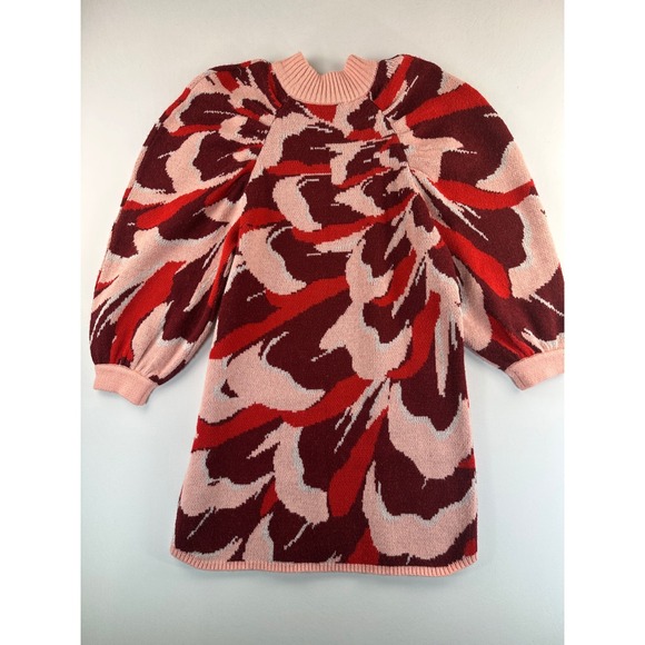 Farm Rio Flower Knit Sweater Dress Pink Balloon Sleeves Large Artsy Wool Blend - Picture 6 of 15